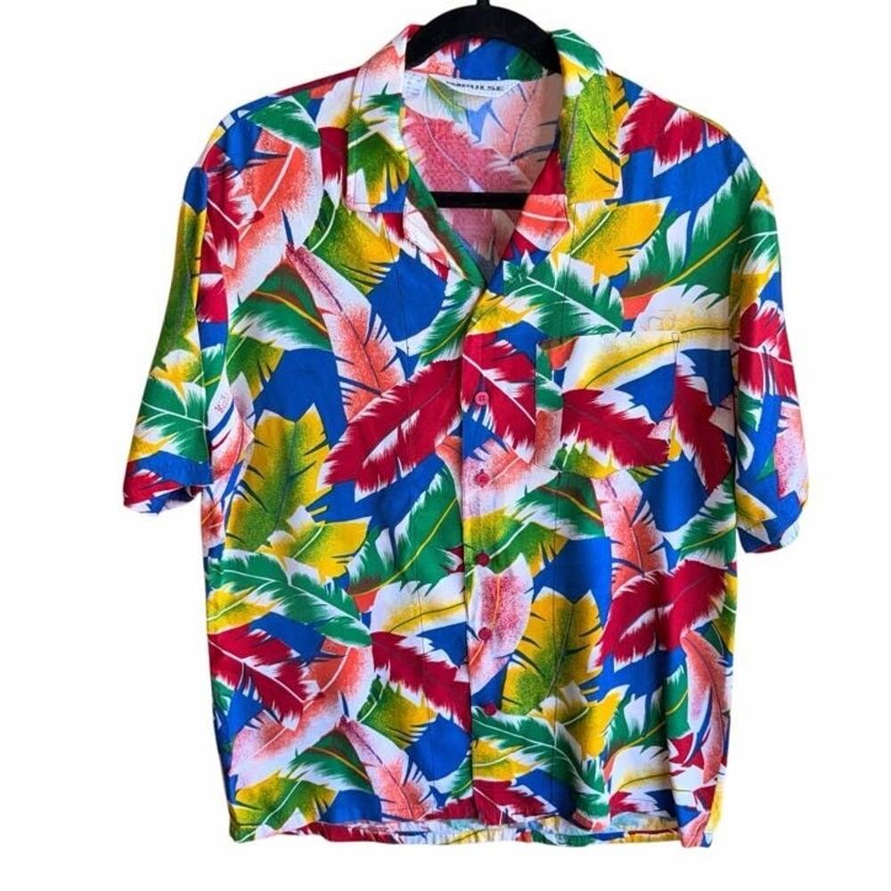 Vintage 90s Hawaiian Shirt Mens M Bright Tropical Rayon Resort Wear Boxy Retro
